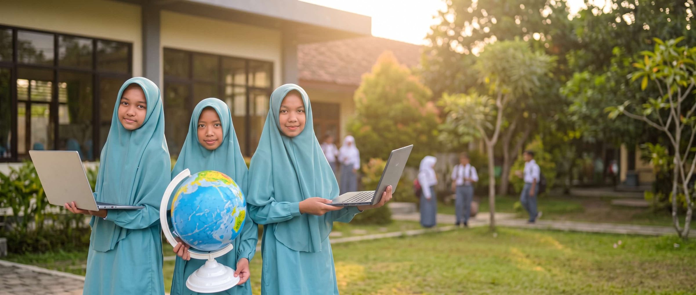 Peserta didik tersenyum di luar ruangan